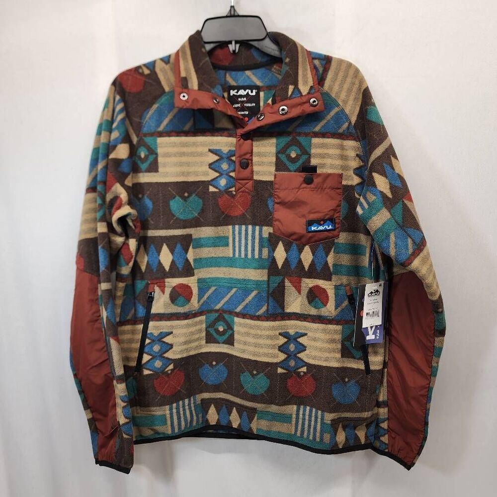 KAVU Teannaway Fleece Pullover Mixed Assembly Aztec Print Brown XS NWT